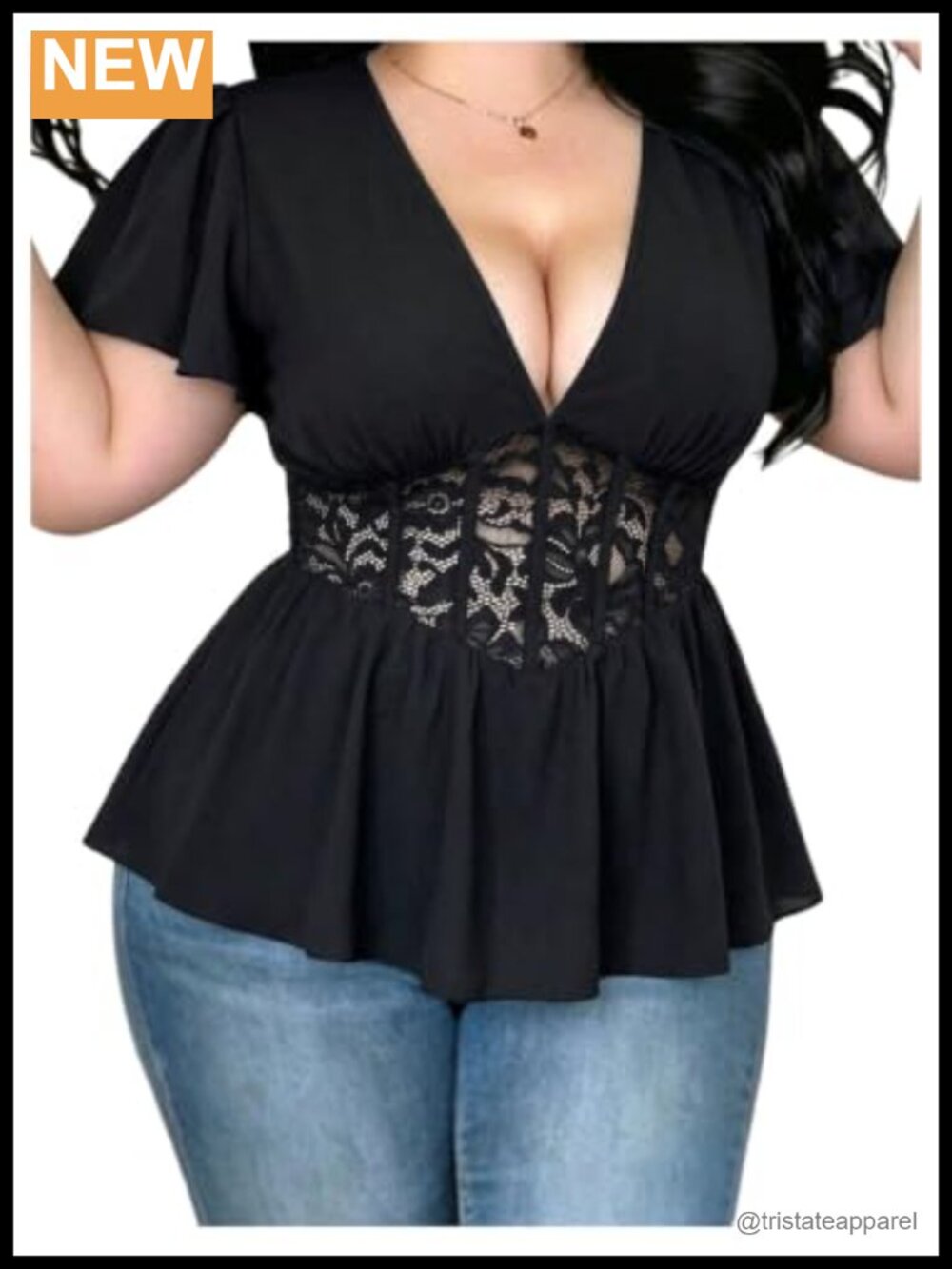Plus Size Peplum Top Lace Sheer Mesh Deep V Short Sleeve Summer Blouse